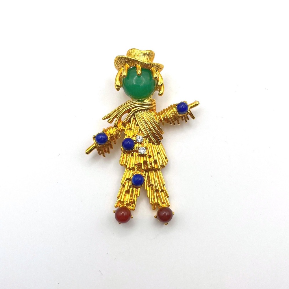JBK Camrose & Kross Scarecrow Brooch Gold Tone Green Cabochon Crystal Accent